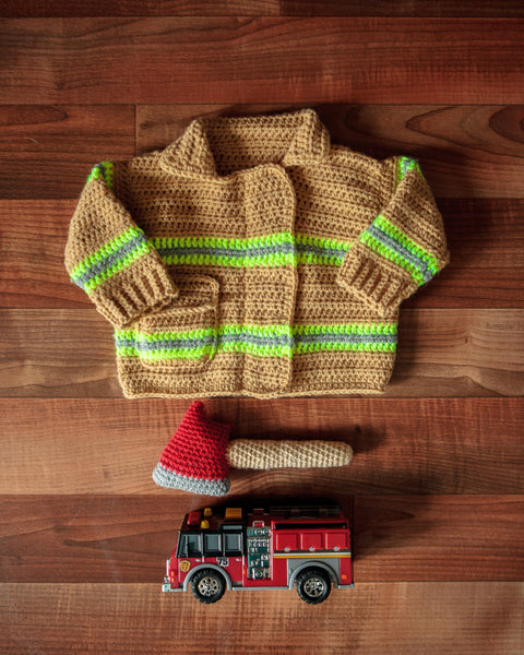 Baby Firefighter Sweater Crochet Pattern with Axe Rattle Crochet Pattern - My Fingers Fly