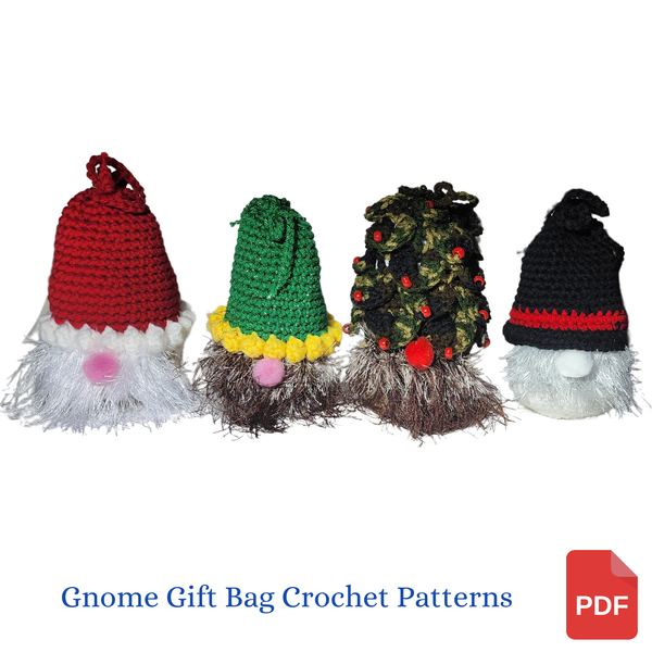 Christmas Gnome Gift Bags Crochet Patterns - Santa Claus, Elf, Christmas Tree, and Snowman Gift Bag Patterns