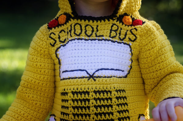 School Bus Toddler Hoodie Crochet Kit - Sizes 2, 4, 6 - Back to School Hooded Sweater Crochet Kit