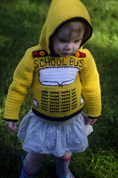 School Bus Toddler Hoodie Crochet Kit - Sizes 2, 4, 6 - Back to School Hooded Sweater Crochet Kit