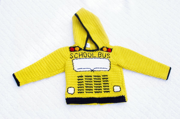 School Bus Toddler Hoodie Crochet Kit - Sizes 2, 4, 6 - Back to School Hooded Sweater Crochet Kit