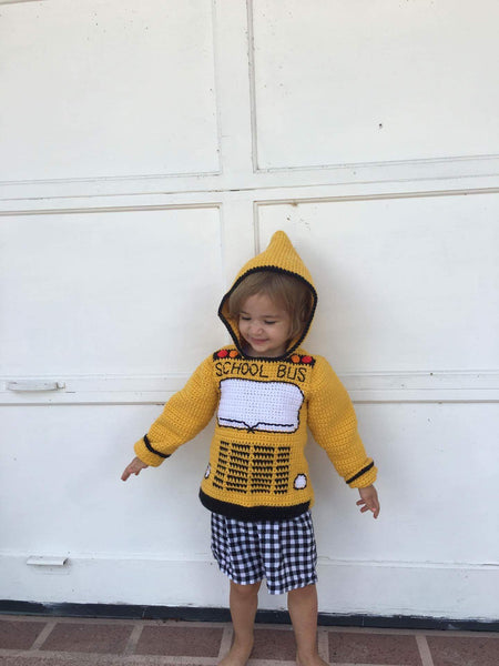 School Bus Toddler Hoodie Crochet Kit - Sizes 2, 4, 6 - Back to School Hooded Sweater Crochet Kit